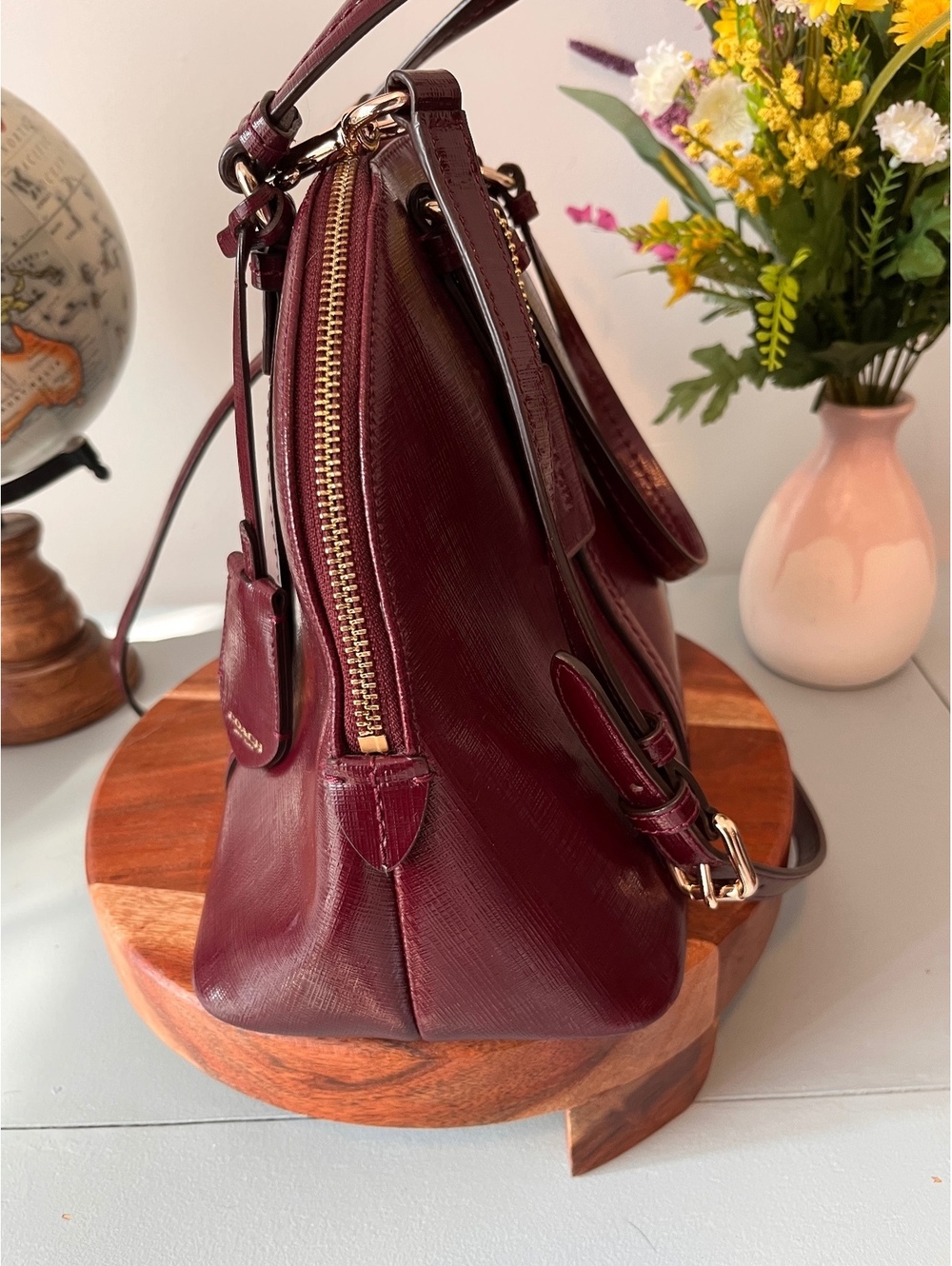 COACH Burgundy Saffiano Leather Peyton Cora Domed Satchel & Crossbody Bag F25671 - Picture 4 of 16